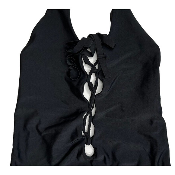 Aerie Solid Black Lace Up Front Plunge One Piece Halter Swimsuit Maillot Size M - Picture 3 of 7